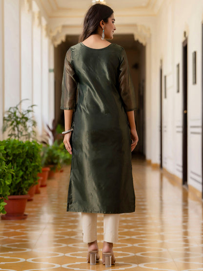 Women Embroidered Silk Blend Straight Kurta - FitVibe Fashion