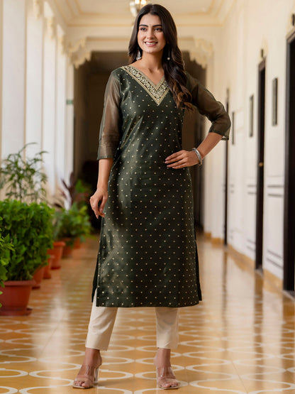 Women Embroidered Silk Blend Straight Kurta - FitVibe Fashion