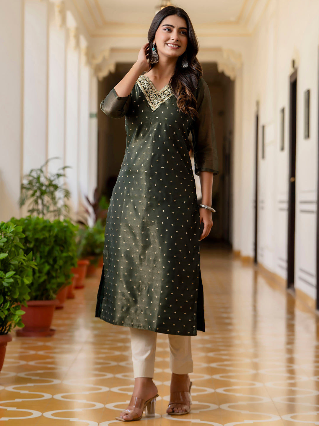Women Embroidered Silk Blend Straight Kurta - FitVibe Fashion