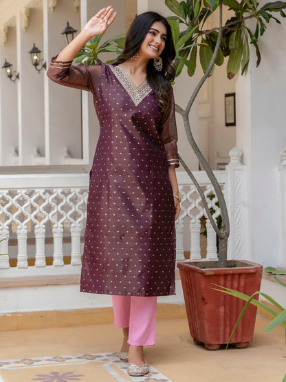 Women Embroidered Silk Blend Straight Kurta - FitVibe Fashion