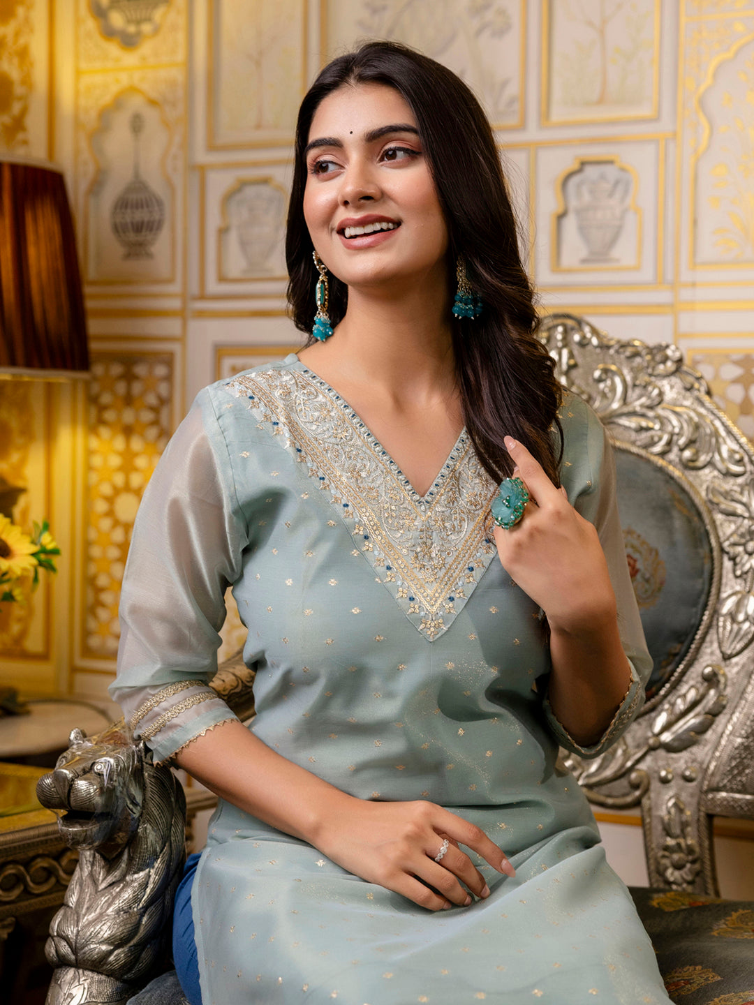 Women Embroidered Silk Blend Straight Kurta - FitVibe Fashion