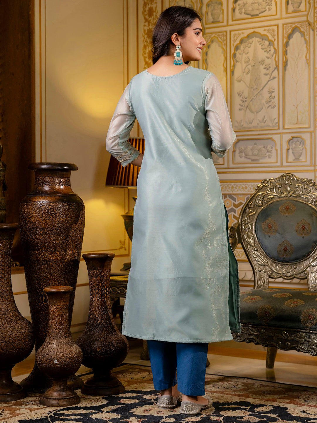 Women Embroidered Silk Blend Straight Kurta - FitVibe Fashion