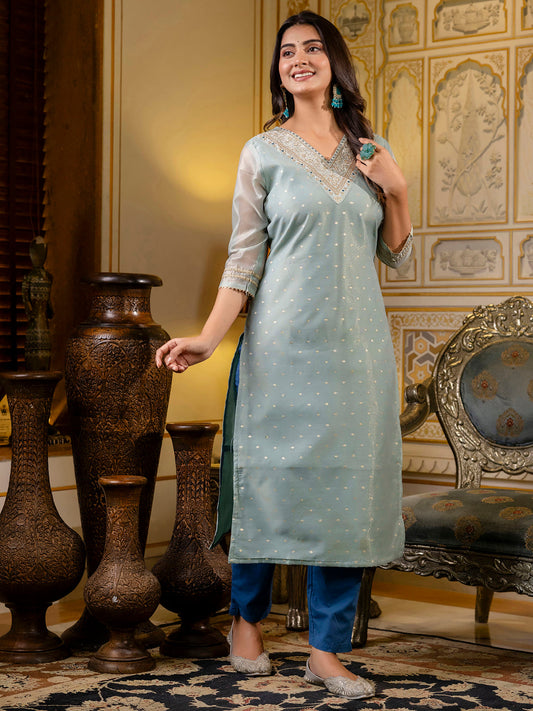 Women Embroidered Silk Blend Straight Kurta - FitVibe Fashion