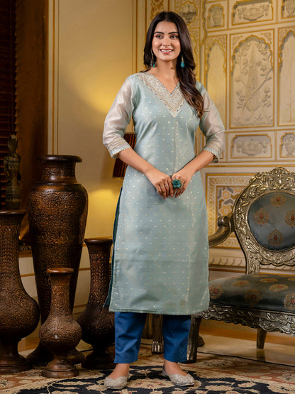 Women Embroidered Silk Blend Straight Kurta - FitVibe Fashion