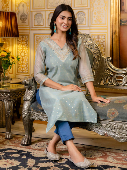 Women Embroidered Silk Blend Straight Kurta - FitVibe Fashion