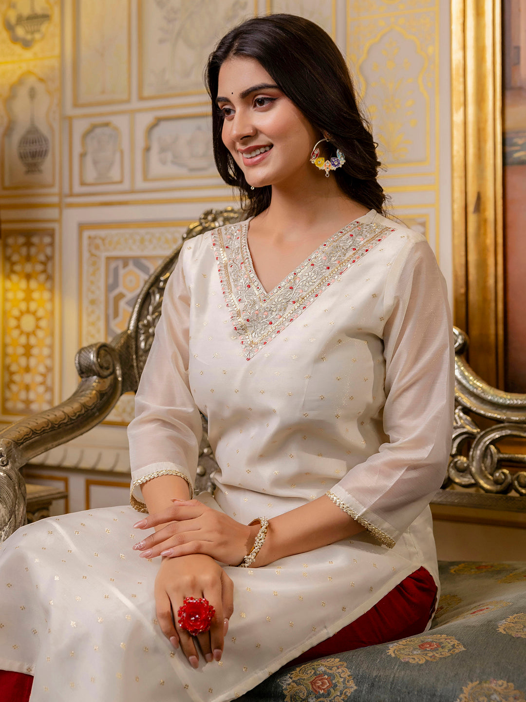 Women Embroidered Silk Blend Straight Kurta - FitVibe Fashion