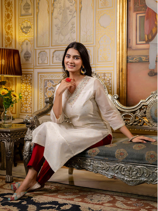 Women Embroidered Silk Blend Straight Kurta - FitVibe Fashion