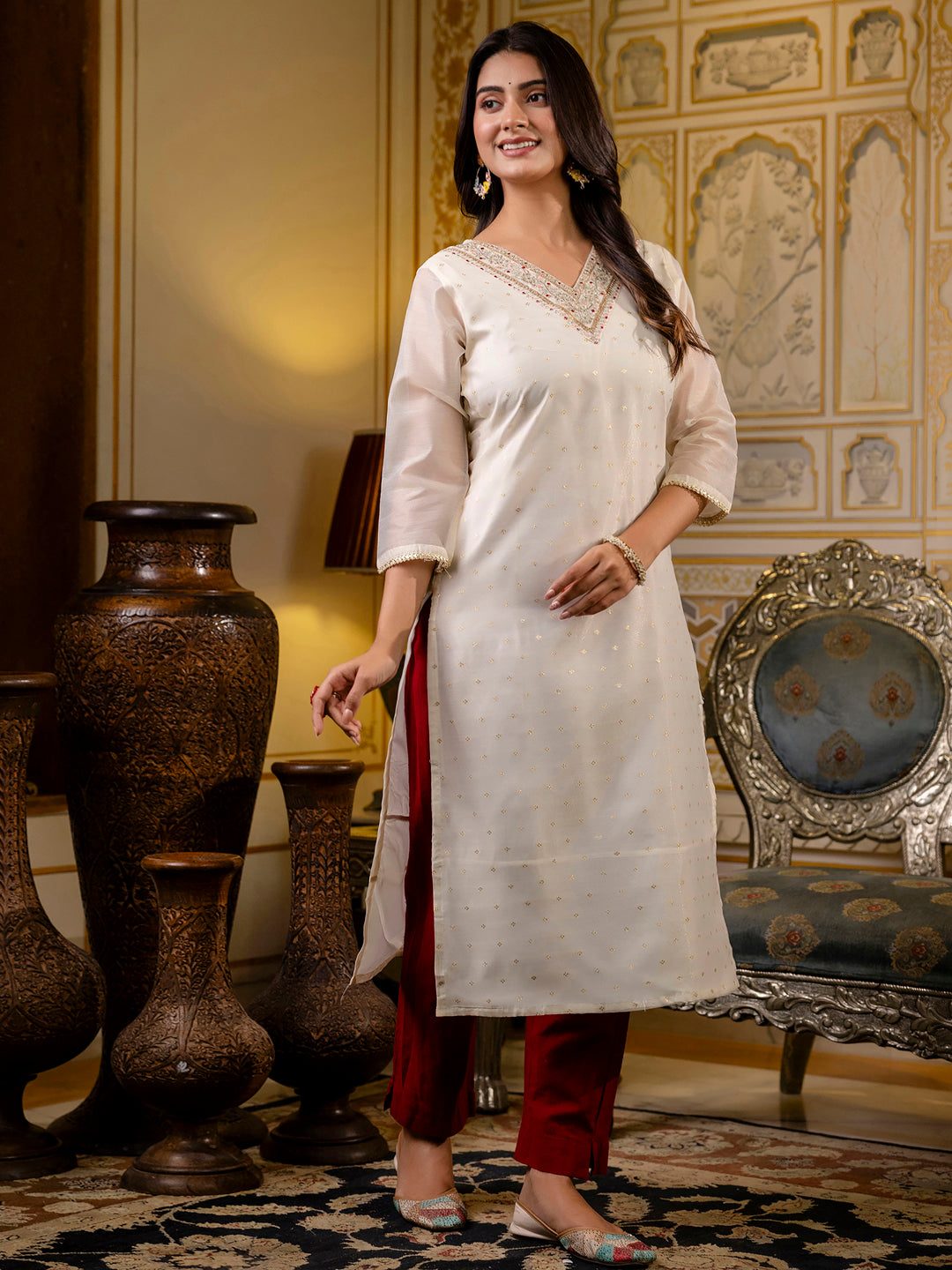 Women Embroidered Silk Blend Straight Kurta - FitVibe Fashion