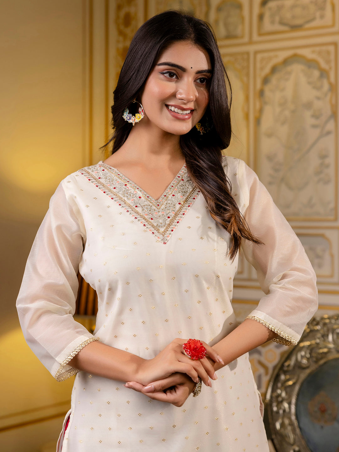 Women Embroidered Silk Blend Straight Kurta - FitVibe Fashion