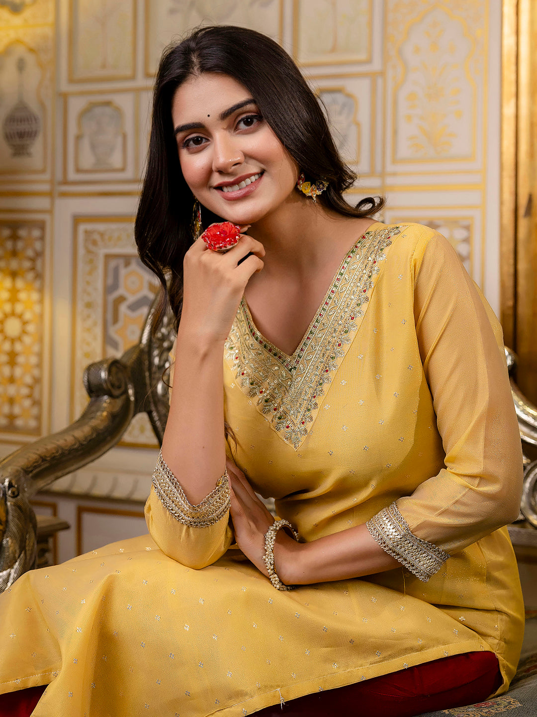 Women Embroidered Silk Blend Straight Kurta - FitVibe Fashion