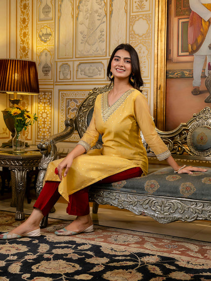 Women Embroidered Silk Blend Straight Kurta - FitVibe Fashion