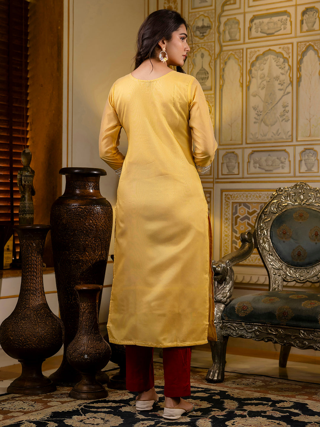 Women Embroidered Silk Blend Straight Kurta - FitVibe Fashion
