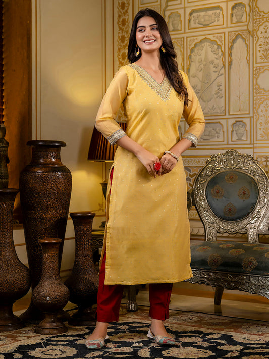 Women Embroidered Silk Blend Straight Kurta - FitVibe Fashion