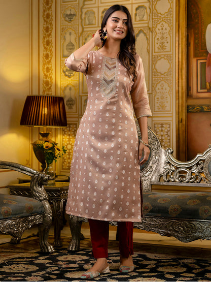 Women Embroidered Silk Blend Straight Kurta - FitVibe Fashion