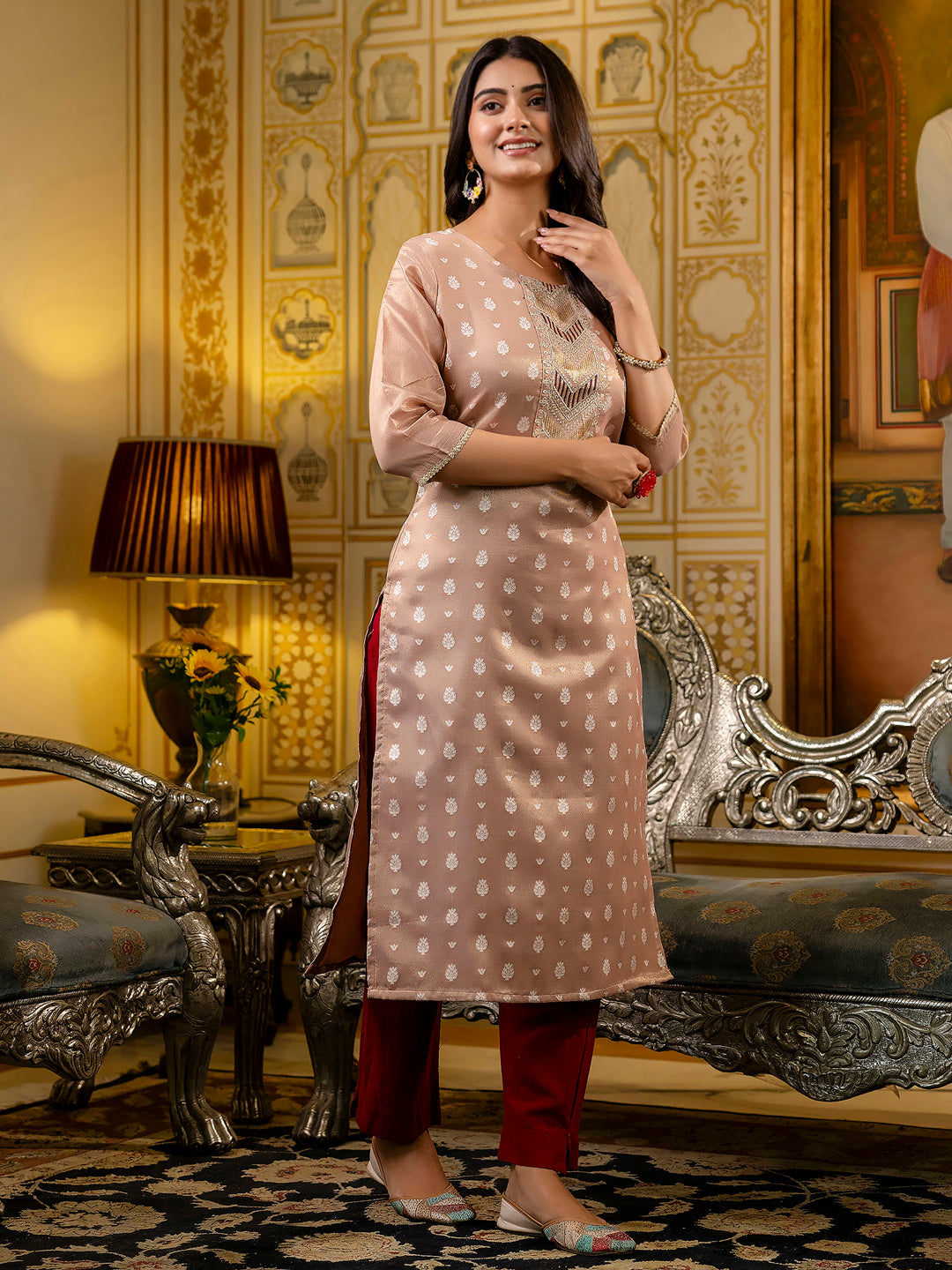 Women Embroidered Silk Blend Straight Kurta - FitVibe Fashion