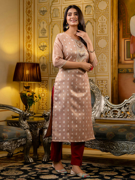 Women Embroidered Silk Blend Straight Kurta - FitVibe Fashion