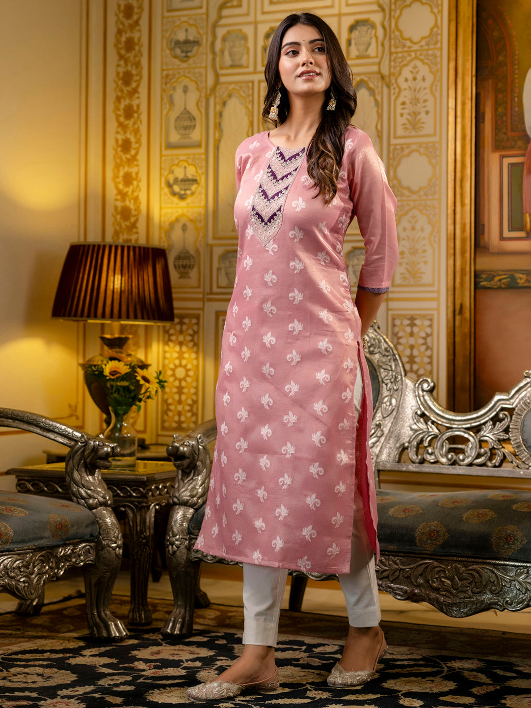 Women Embroidered Silk Blend Straight Kurta - FitVibe Fashion