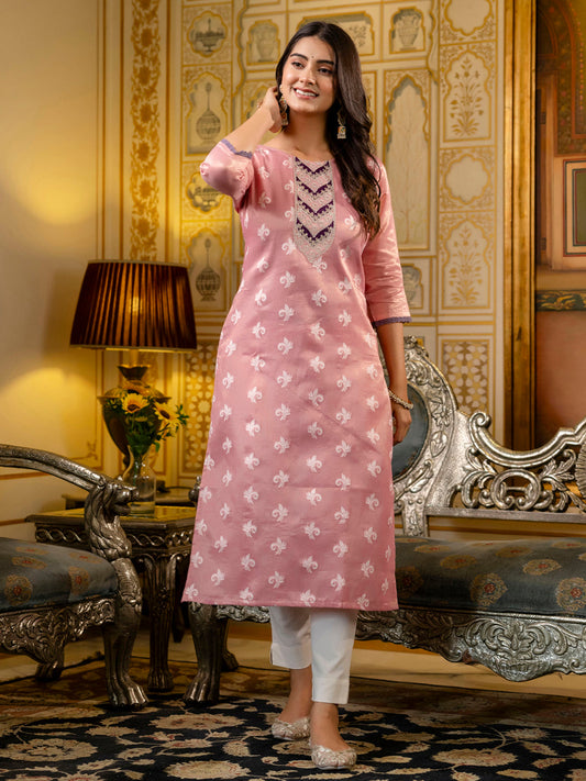 Women Embroidered Silk Blend Straight Kurta - FitVibe Fashion