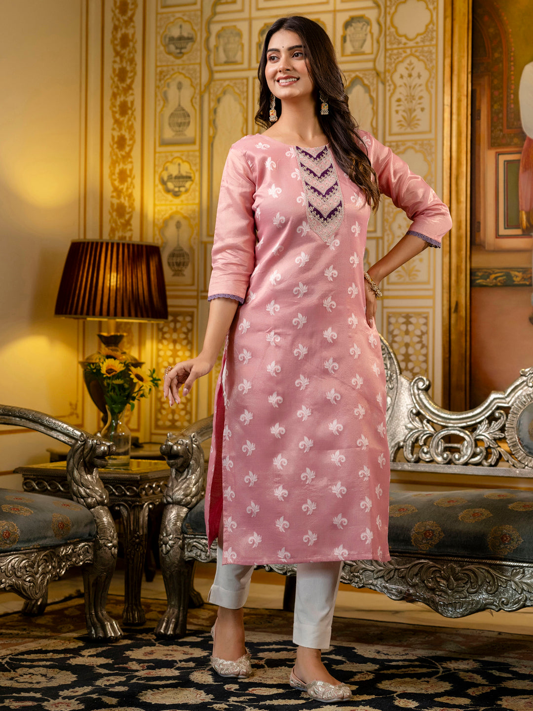 Women Embroidered Silk Blend Straight Kurta - FitVibe Fashion