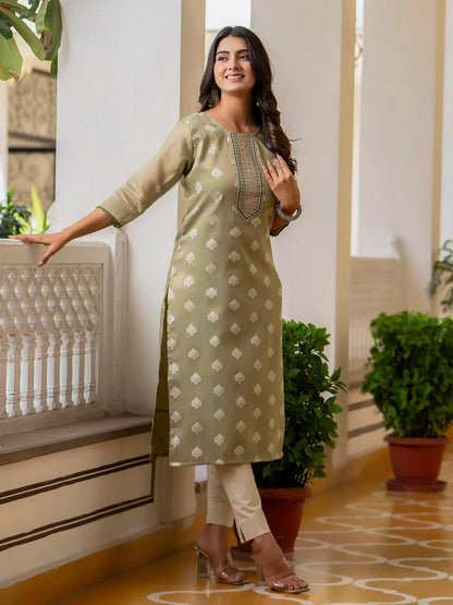 Women Embroidered Silk Blend Straight Kurta - FitVibe Fashion
