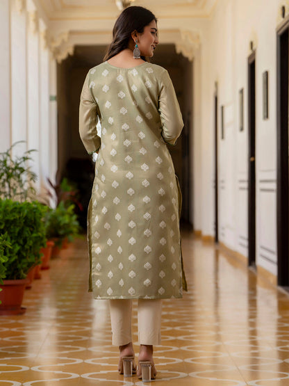 Women Embroidered Silk Blend Straight Kurta - FitVibe Fashion