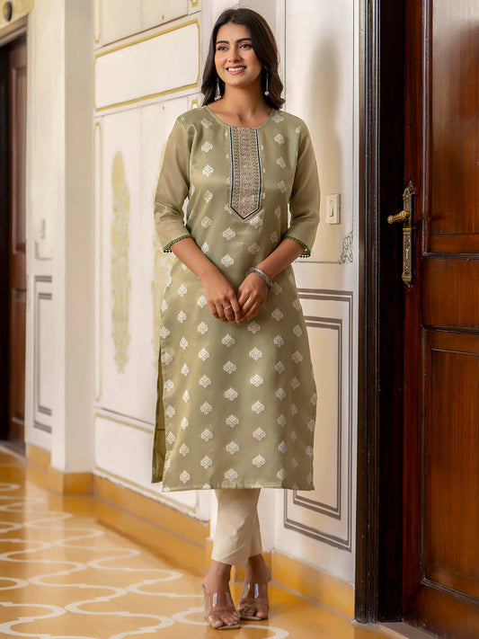 Women Embroidered Silk Blend Straight Kurta - FitVibe Fashion