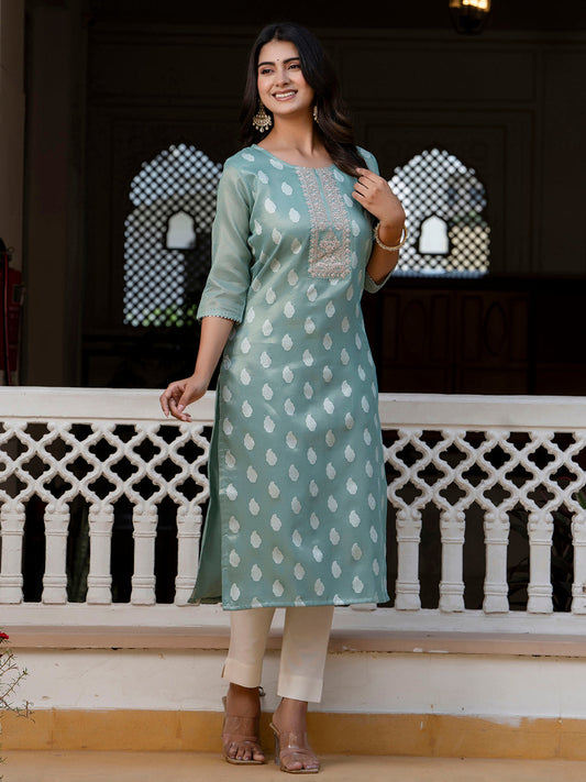 Women Embroidered Silk Blend Straight Kurta - FitVibe Fashion