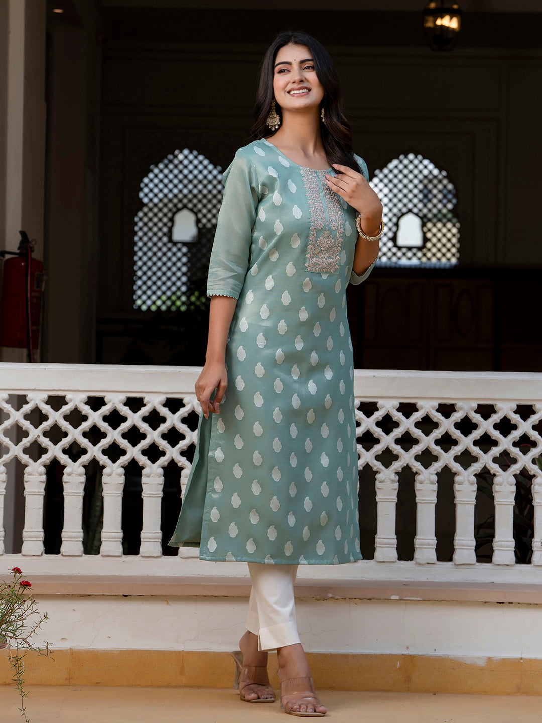 Women Embroidered Silk Blend Straight Kurta - FitVibe Fashion