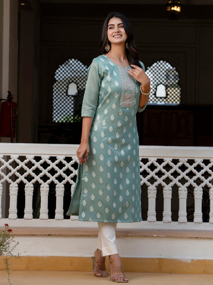 Women Embroidered Silk Blend Straight Kurta - FitVibe Fashion
