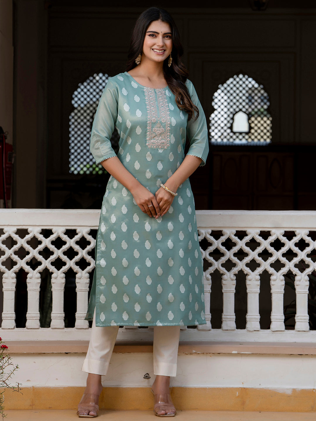 Women Embroidered Silk Blend Straight Kurta - FitVibe Fashion