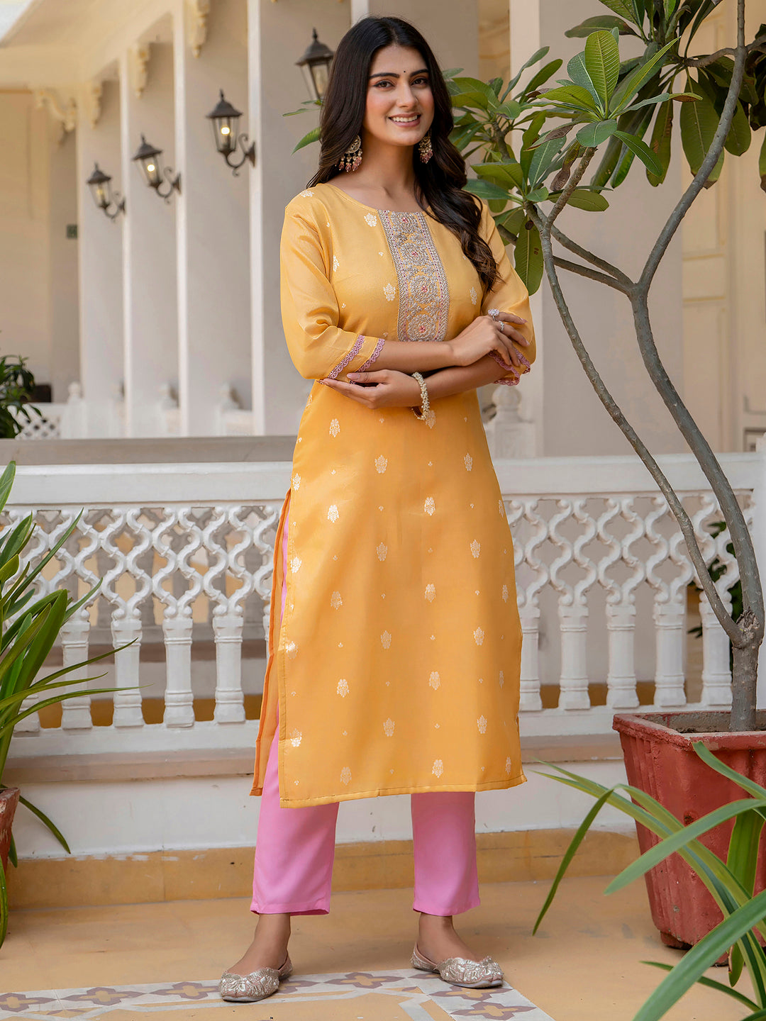 Women Embroidered Silk Blend Straight Kurta - FitVibe Fashion
