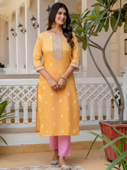Women Embroidered Silk Blend Straight Kurta - FitVibe Fashion