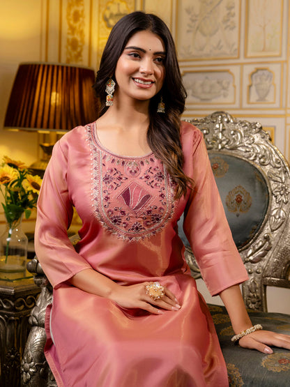 Women Embroidered shimmer Silk Blend Straight Kurta - FitVibe Fashion