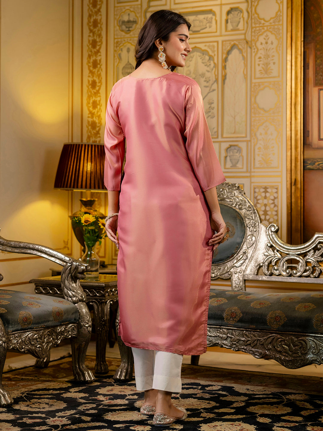 Women Embroidered shimmer Silk Blend Straight Kurta - FitVibe Fashion
