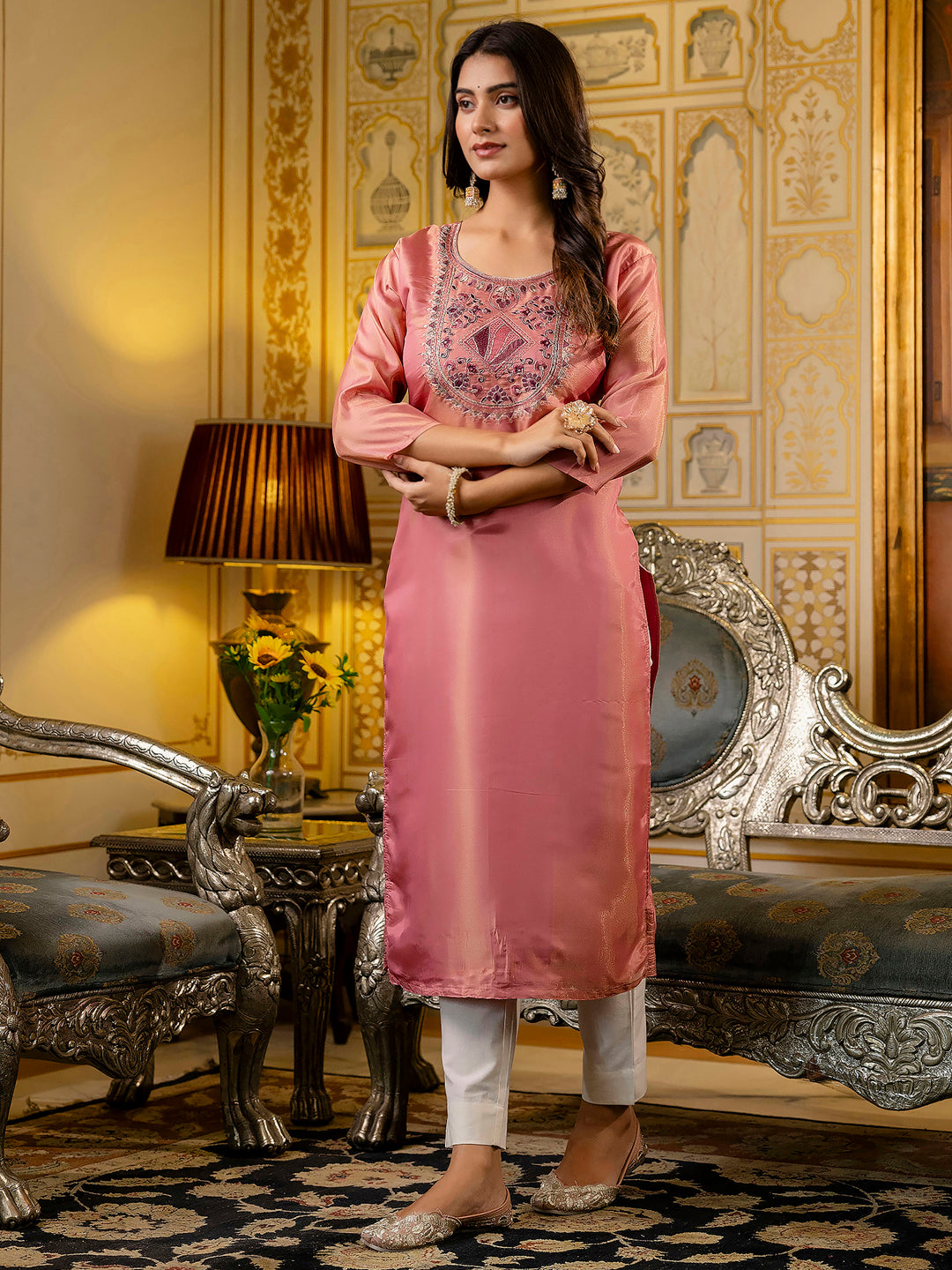 Women Embroidered shimmer Silk Blend Straight Kurta - FitVibe Fashion