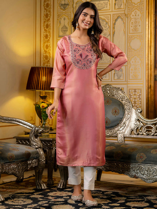 Women Embroidered shimmer Silk Blend Straight Kurta - FitVibe Fashion
