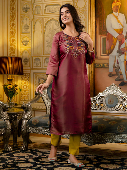 Women Embroidered shimmer Silk Blend Straight Kurta - FitVibe Fashion