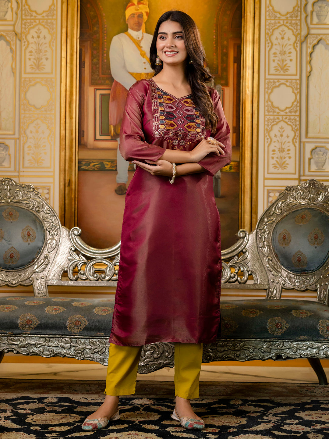 Women Embroidered shimmer Silk Blend Straight Kurta - FitVibe Fashion