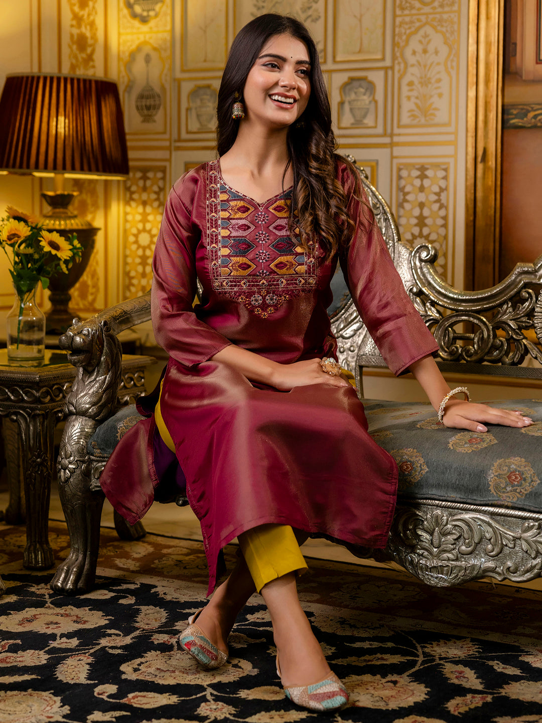 Women Embroidered shimmer Silk Blend Straight Kurta - FitVibe Fashion