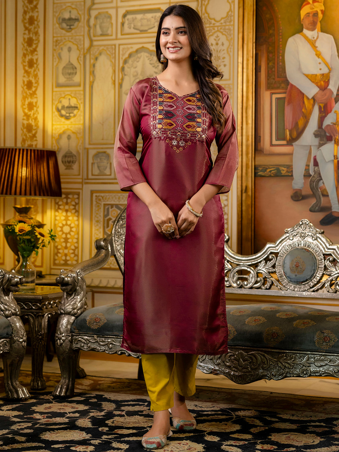 Women Embroidered shimmer Silk Blend Straight Kurta - FitVibe Fashion