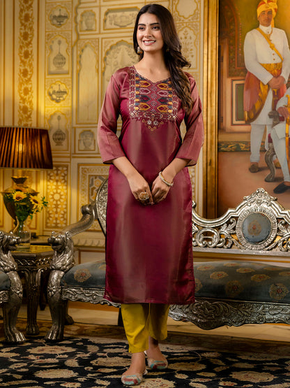 Women Embroidered shimmer Silk Blend Straight Kurta - FitVibe Fashion