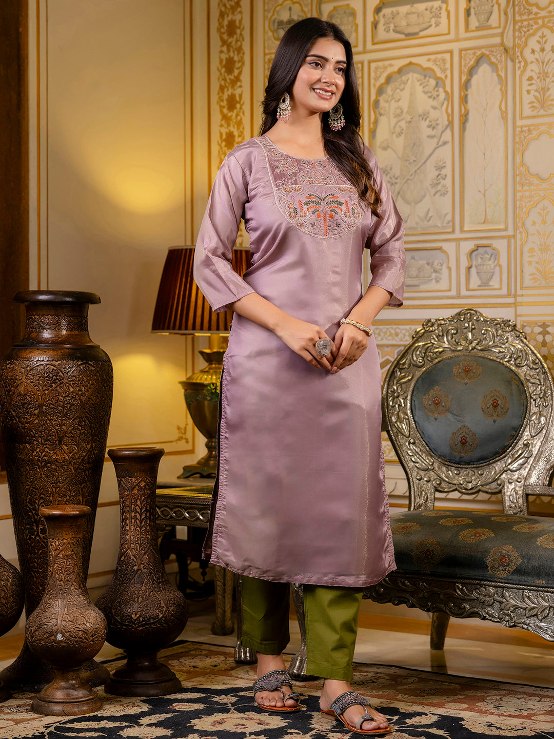 Women Embroidered shimmer Silk Blend Straight Kurta - FitVibe Fashion
