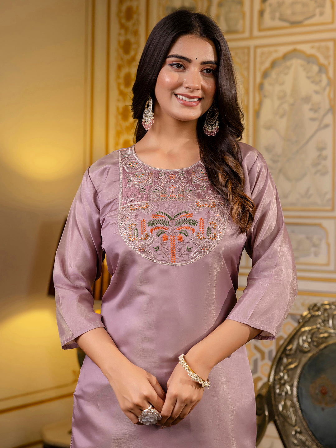 Women Embroidered shimmer Silk Blend Straight Kurta - FitVibe Fashion