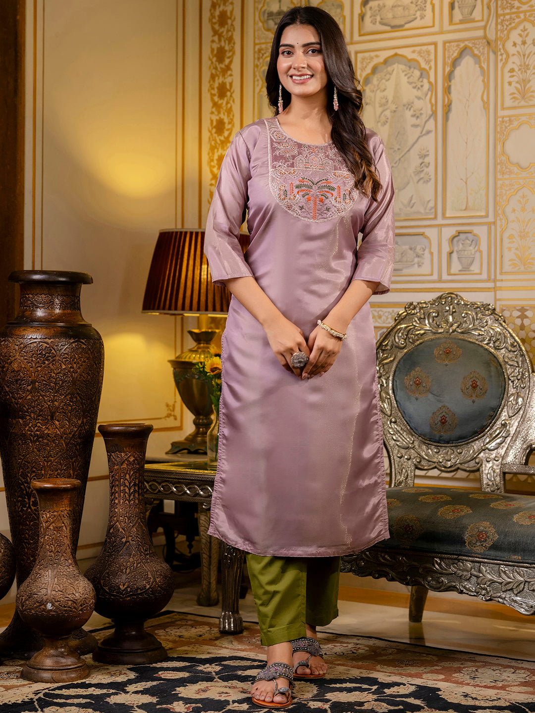 Women Embroidered shimmer Silk Blend Straight Kurta - FitVibe Fashion