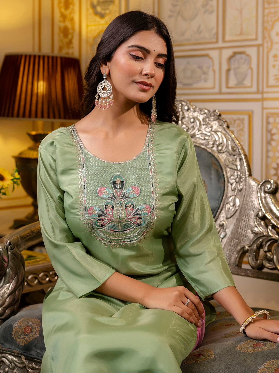 Women Embroidered shimmer Silk Blend Straight Kurta - FitVibe Fashion