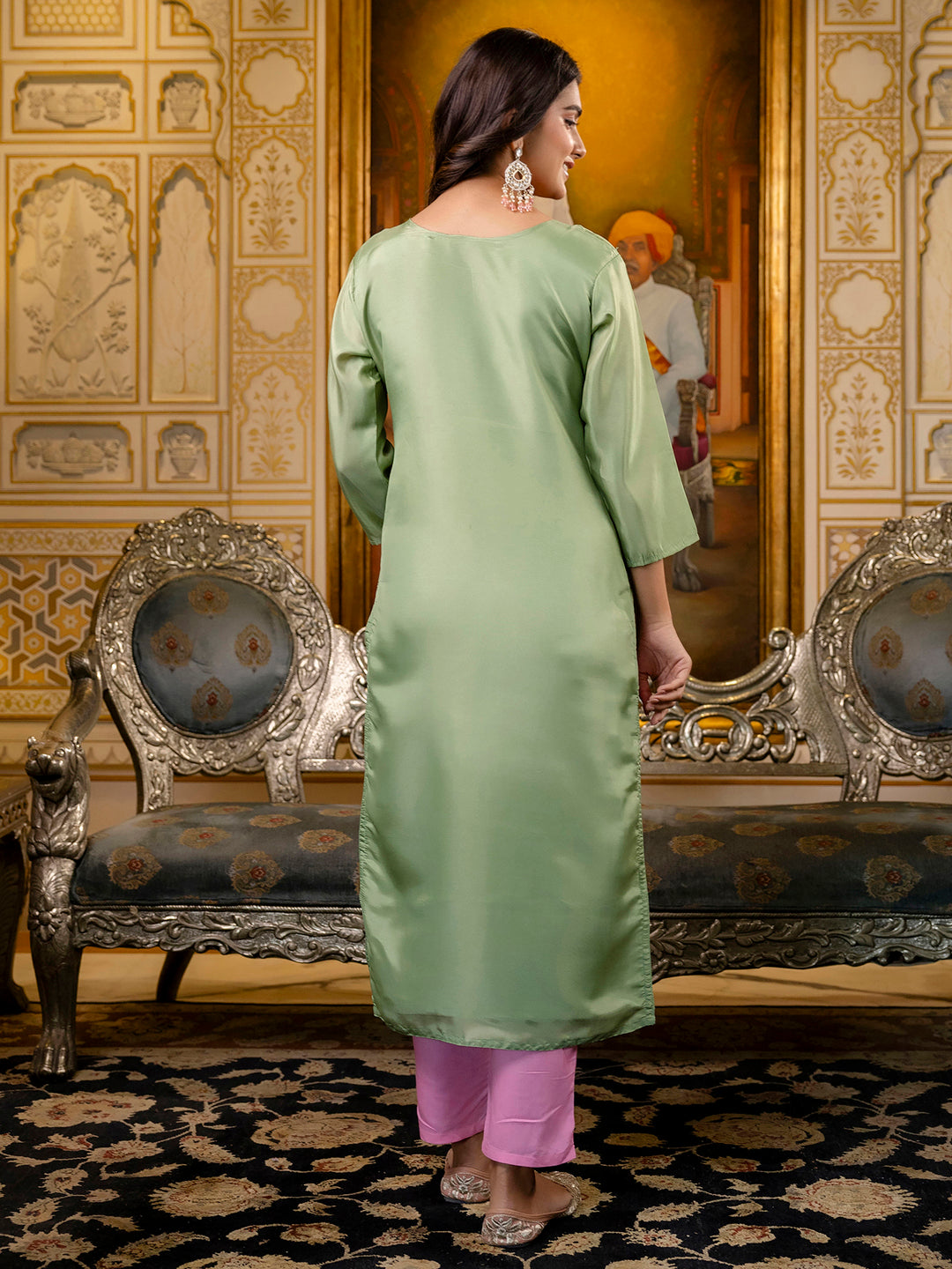 Women Embroidered shimmer Silk Blend Straight Kurta - FitVibe Fashion