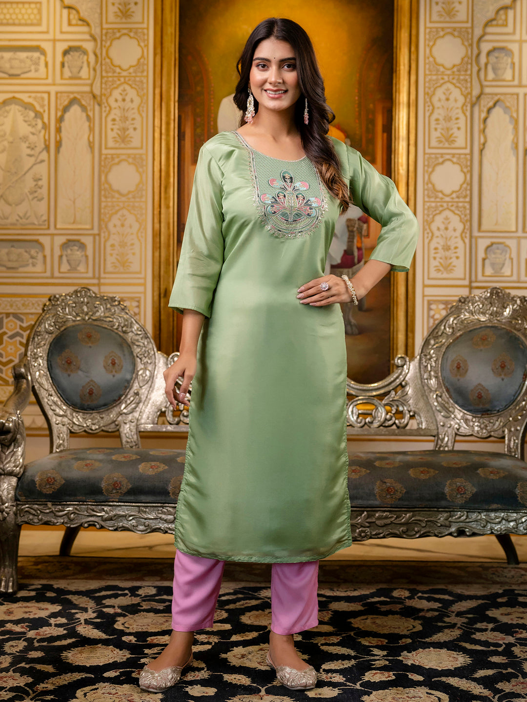 Women Embroidered shimmer Silk Blend Straight Kurta - FitVibe Fashion
