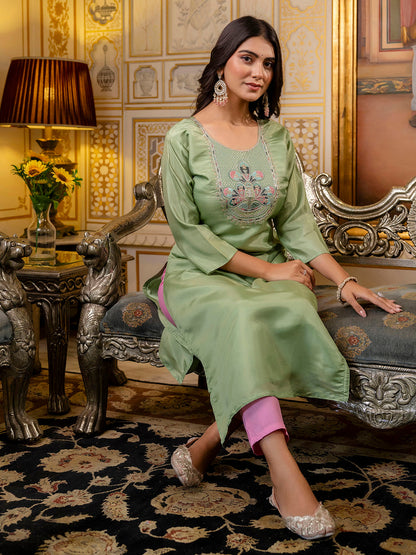 Women Embroidered shimmer Silk Blend Straight Kurta - FitVibe Fashion