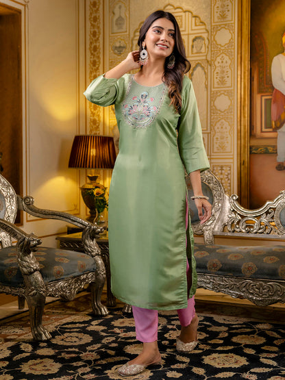 Women Embroidered shimmer Silk Blend Straight Kurta - FitVibe Fashion