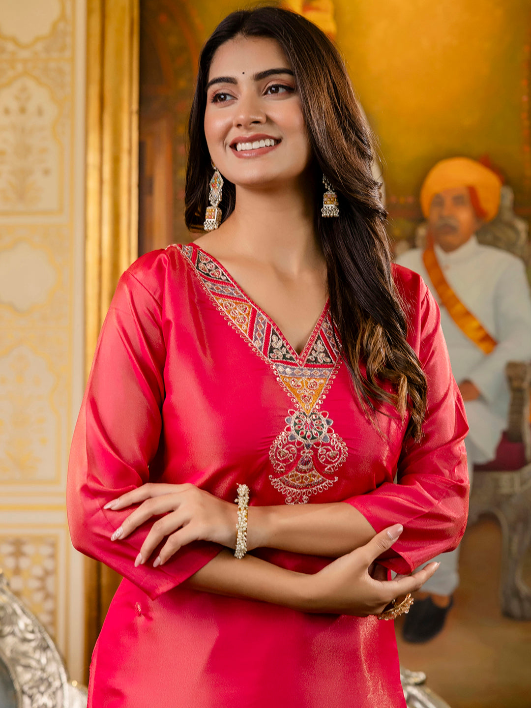 Women Embroidered shimmer Silk Blend Straight Kurta - FitVibe Fashion